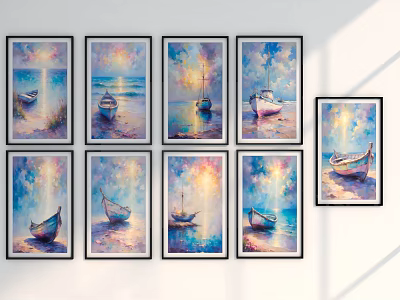 Vibrant Seascape Landscape Paintings With Boats Sunset Light And Black Frames Hanging On Wall 3d model