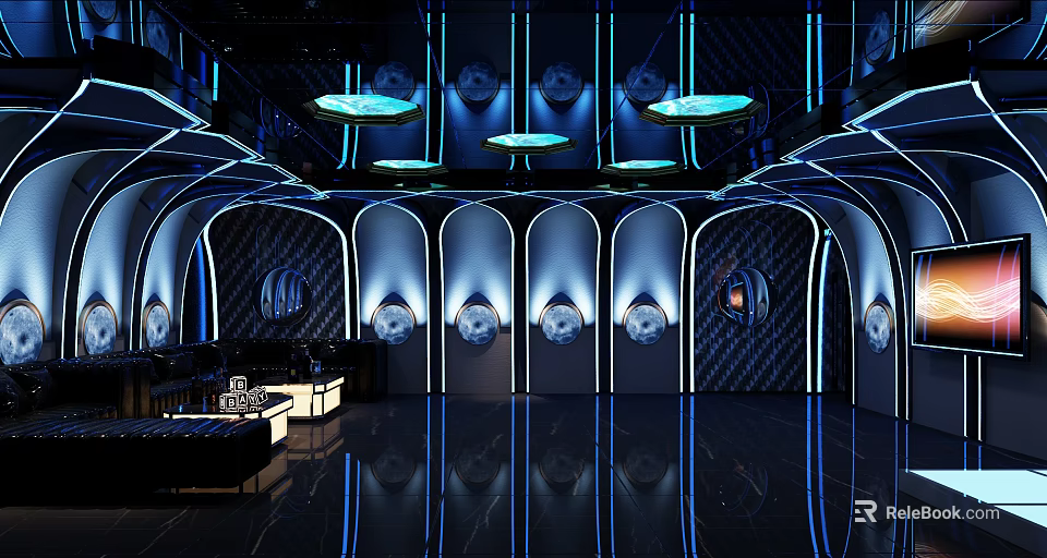 Modern KTV Interior With Blue Lighting Curved Walls Sofas And Ceiling Decorations 3d model 