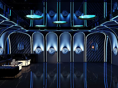 Modern KTV Interior With Blue Lighting Curved Walls Sofas And Ceiling Decorations 3d model