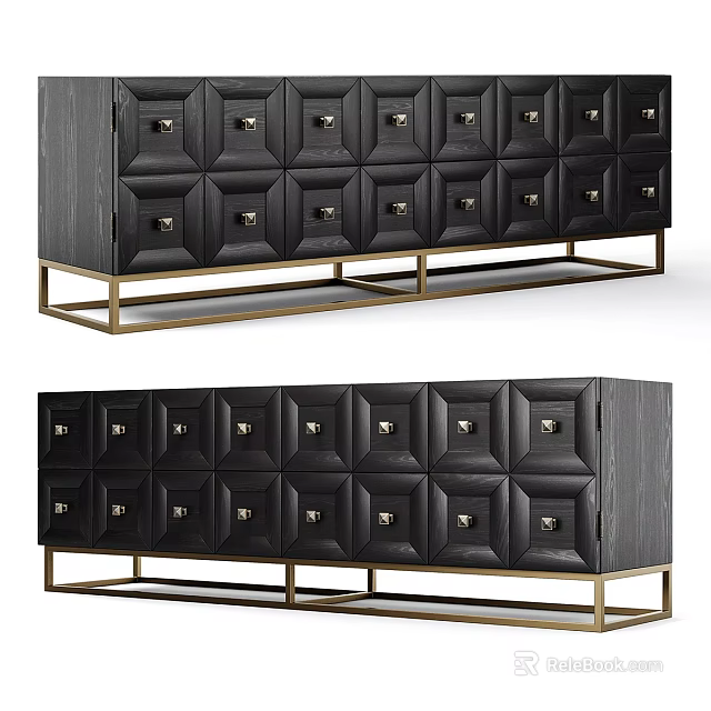 Modern Black TV Stand With Geometric Panel Design Gold Metal Legs And Storage Cabinets 3d model 