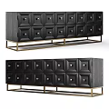 Modern Black TV Stand With Geometric Panel Design Gold Metal Legs And Storage Cabinets