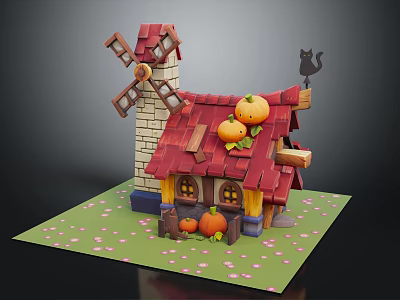 Cartoon Scene Featuring Windmill Cottage With Red Roof Pumpkins Black Cat On Green Grass And Petals 3d model