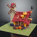 Cartoon Scene Featuring Windmill Cottage With Red Roof Pumpkins Black Cat On Green Grass And Petals