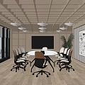 Modern Conference Room With Wooden Ceiling Pendant Lights Round Table Wheeled Chairs And Whiteboard