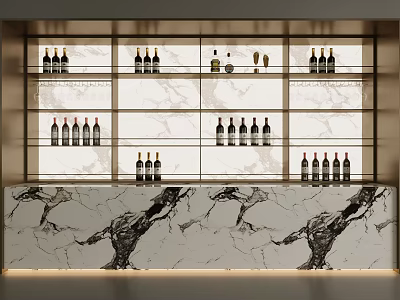 Modern Wine Cabinet With Glass Shelves And Marble Counter Displaying Wine Bottles 3d model
