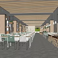 Modern Dining Hall With Wooden Slat Ceiling Pendant Lights And Colorful Chairs
