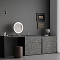 Modern Gray Dressing Table With Round Mirror Decorative Cabinet Wall Art And Stool 3d model