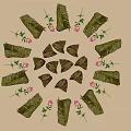 Traditional Glutinous Rice Dumplings Wrapped in Green Leaves with Pink Flowers and Green Branches