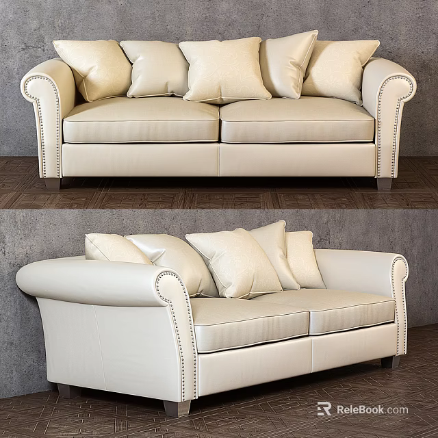 White Two Seater Leather Sofa With Plush Cushions Nailhead Trim Arms Gray Wall Wooden Floor 3d model 