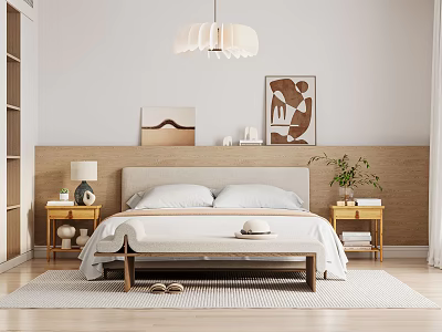 Minimalist Modern Bedroom Interior With Wooden Bedside Tables Lamps Artwork And Plant 3d model