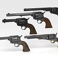 Four Classic Revolver Weapons With Wooden Grips And Metal Frames