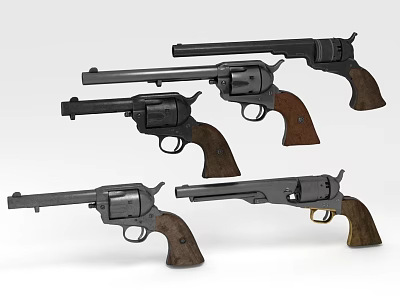 Four Classic Revolver Weapons With Wooden Grips And Metal Frames 3d model