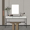 Modern Dressing Table with Rectangular Mirror Potted Plant Perfume Bottles and Stool Against Gray Wall 3d model