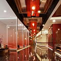 Traditional Chinese Style Hot Pot Restaurant Interior With Red Lanterns And Wooden Furniture