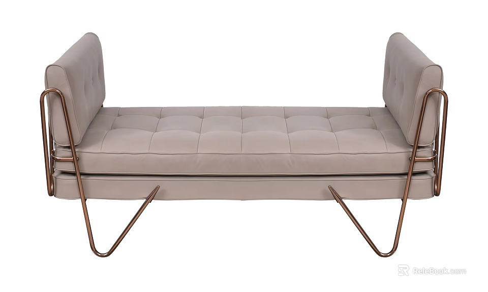 Modern Tufted Bed Bench With Beige Upholstered Seat And Copper Metal Frame 3d model 