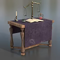 Vintage Mystical Table With Purple Cloth Open Book Balance Scale Candle Inkwell Red Vial
