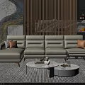 Modern Beige L Shaped Leather Sofa With Round Coffee Tables In Stylish Living Room
