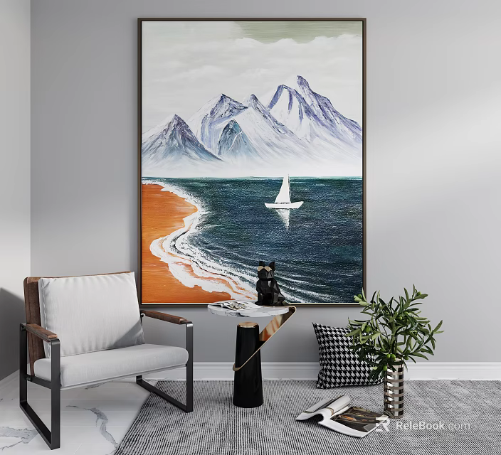 Mountain Sea Sailboat Wall Art With Orange Beach And Interior Decor Elements 3d model 