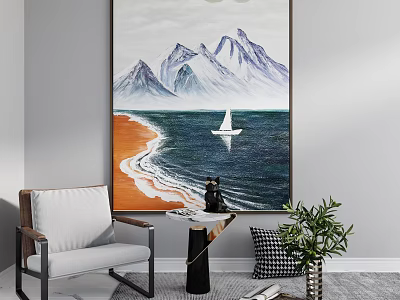 Mountain Sea Sailboat Wall Art With Orange Beach And Interior Decor Elements 3d model
