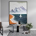 Mountain Sea Sailboat Wall Art With Orange Beach And Interior Decor Elements
