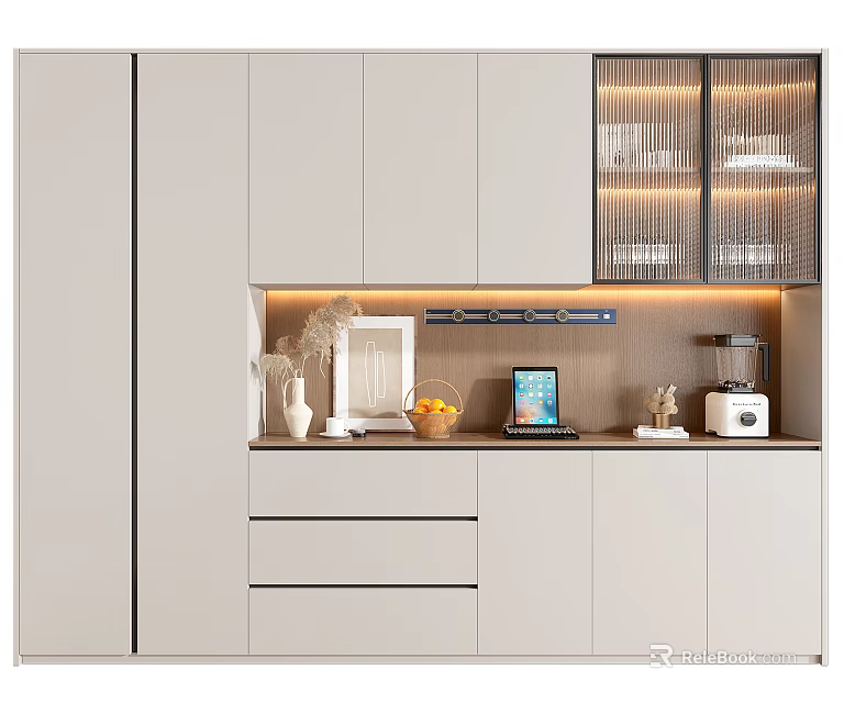 Modern Light Colored Sideboard with Open Shelving LED Lighting and Decorative Items Tablet Coffee Maker 3d model