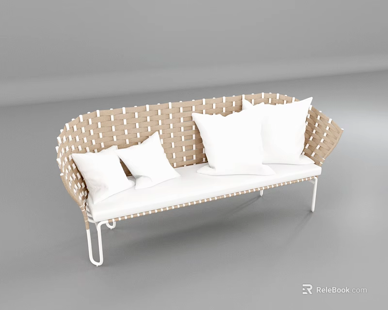 Modern Woven Sofa With Beige Design White Cushions And Metal Frame 3d model 
