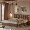 Elegant Bedroom Interior With Brown Leather Headboard Arched Window Chandelier And Decorative Paintings