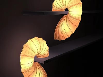 Unique Spiral Design Table Lamps With Warm Yellow Light On Black Shelves 3d model