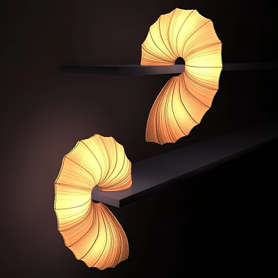 Unique Spiral Design Table Lamps With Warm Yellow Light On Black Shelves 3d model