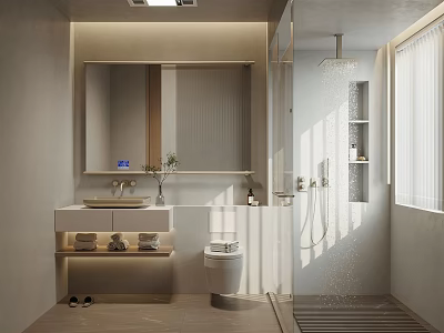 Modern Bathroom Interior With Illuminated Mirror Vanity Shower And Natural Light 3d model