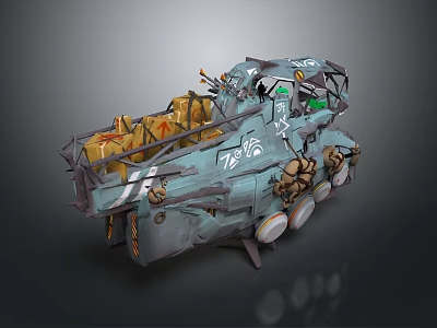 Weapon Equipped Armored Vehicle In Rusty Blue With Cannons Storage Crates And Graffiti 3d model