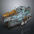 Weapon Equipped Armored Vehicle In Rusty Blue With Cannons Storage Crates And Graffiti
