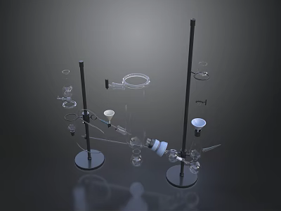 Laboratory Medical Devices Featuring Glass Beakers Test Tubes and Metal Stands 3d model