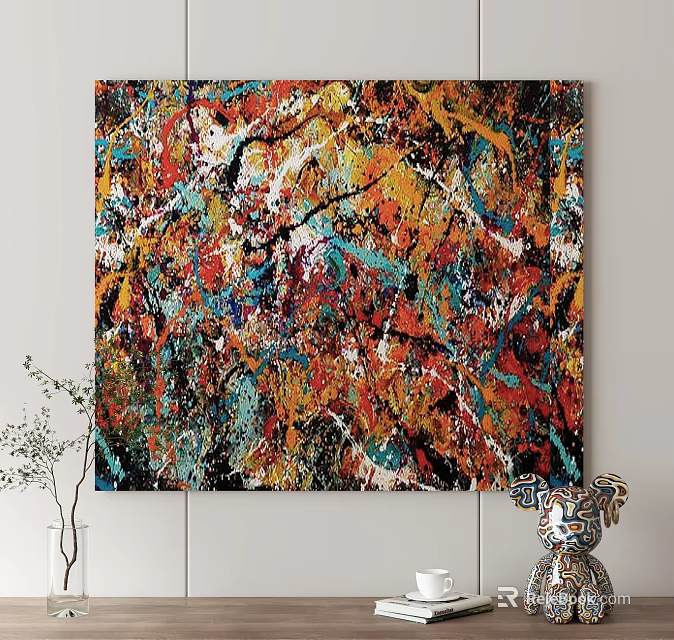 Colorful Abstract Painting Artwork On Wall With Modern Home Decor Elements 3d model 