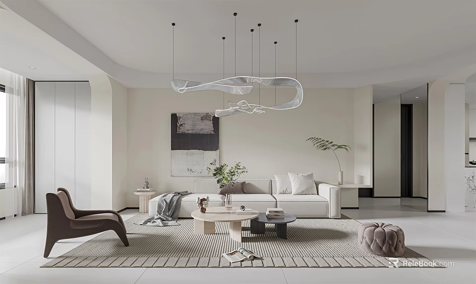 Modern Living Room Interior Design With White Sofa Coffee Table Hanging Chandelier And Potted Plant 3d model 