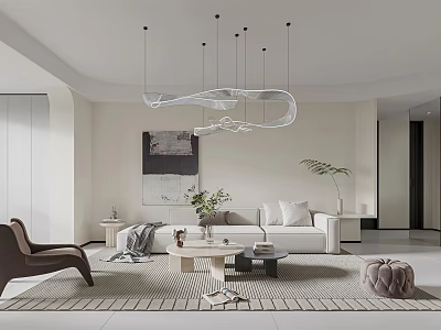Modern Living Room Interior Design With White Sofa Coffee Table Hanging Chandelier And Potted Plant 3d model