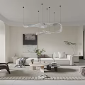 Modern Living Room Interior Design With White Sofa Coffee Table Hanging Chandelier And Potted Plant