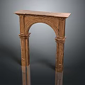 Bronze Arched Fireplace With Decorative Columns And Dark Background Reflection