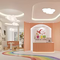 Cozy Kindergarten Reception Area With Cloud Shaped Lights Rainbow Floor And Cartoon Decorations