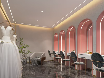 Elegant Modern Wedding Dress Store Interior With White Gown Arched Mirrors And Marble Floor 3d model