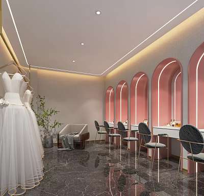 Elegant Modern Wedding Dress Store Interior With White Gown Arched Mirrors And Marble Floor 3d model