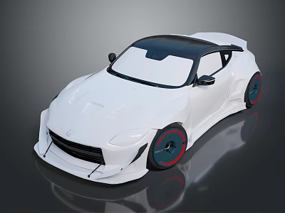 White Sports Car with Black Roof Large Red Accent Wheels and Aerodynamic Body Kit 3d model