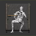 Public Chair With Gray Fabric Side Table Cup And Silver Human Figure