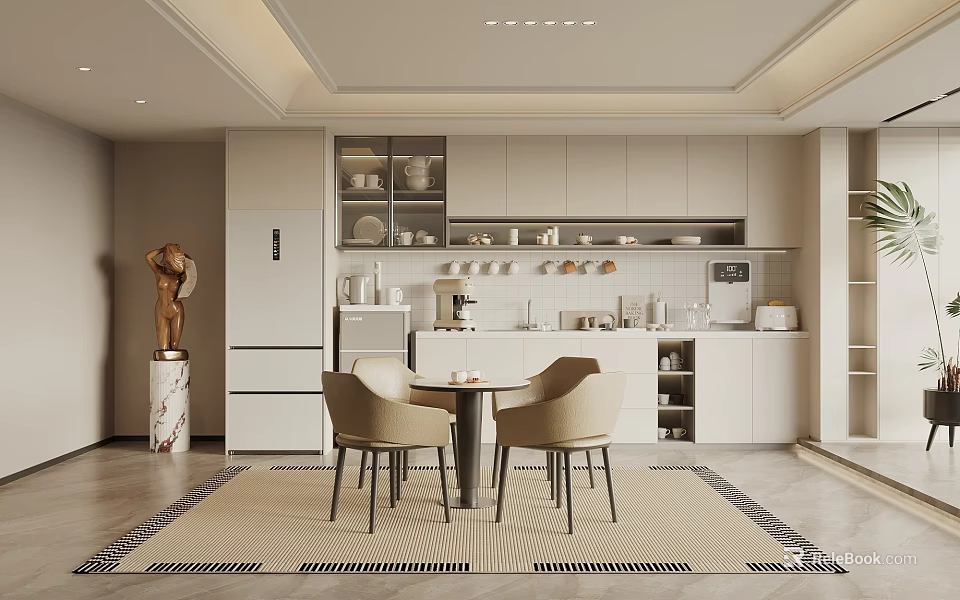 Modern Pantry With White Cabinets Shelves Round Table Beige Chairs And Black White Striped Rug 3d model 