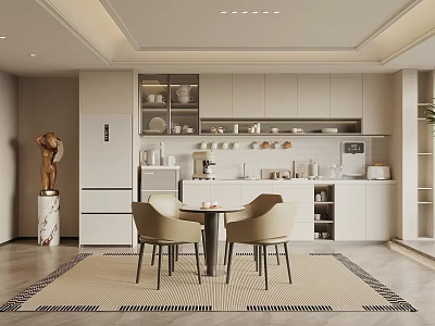 Modern Pantry With White Cabinets Shelves Round Table Beige Chairs And Black White Striped Rug 3d model