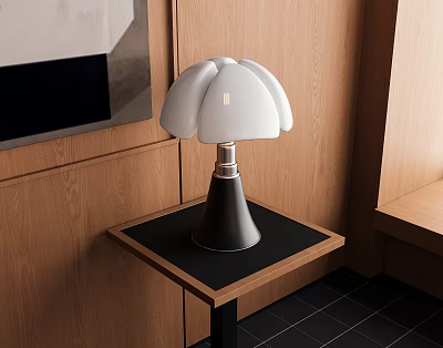 Modern Petal Shaped Table Lamp With White Shade And Black Base On Wooden Table 3d model