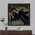 Oil Painting Of A Woman In Black Dress Lying On Green Cushions For Interior Decor