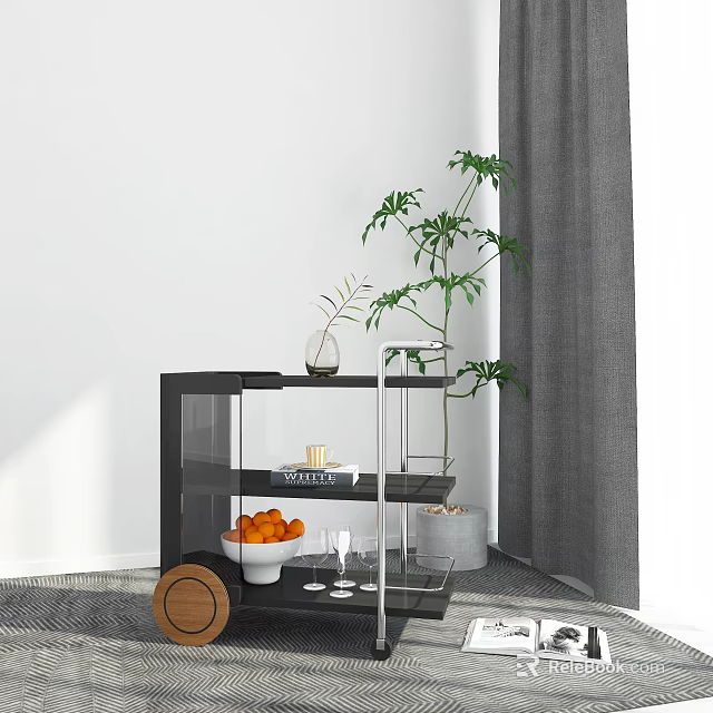 Modern Room Corner Decor With Black Glass Shelf Oranges Green Plant And Grey Curtains 3d model 