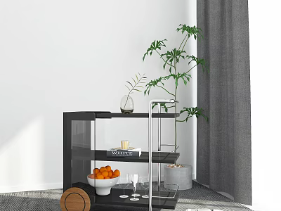 Modern Room Corner Decor With Black Glass Shelf Oranges Green Plant And Grey Curtains 3d model