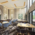 Modern Restaurant Interior Design With Wooden Ceiling Large Windows And Dining Tables 3d model